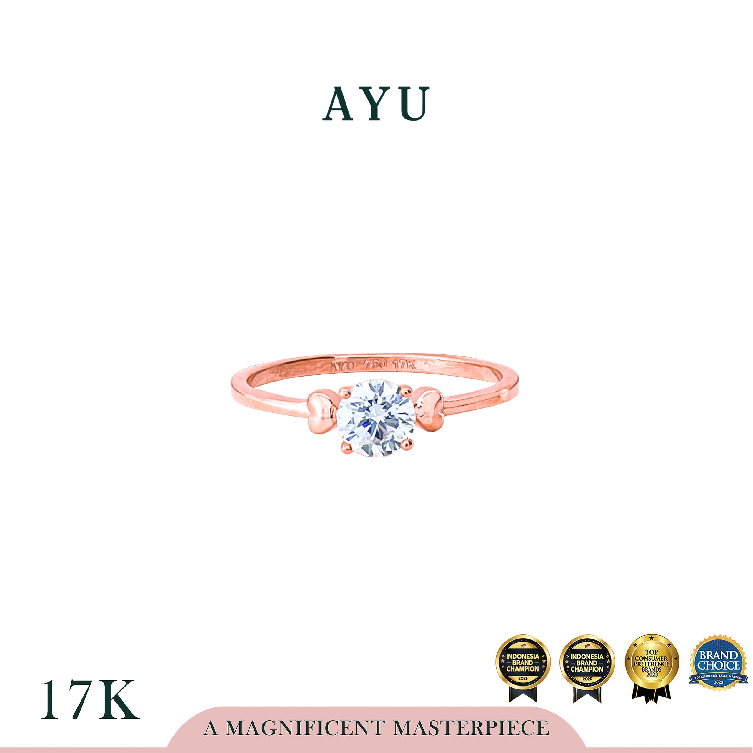 AYU Cincin Emas - 4 Prong Solitaire With Hearts Ring 17k Rose Gold