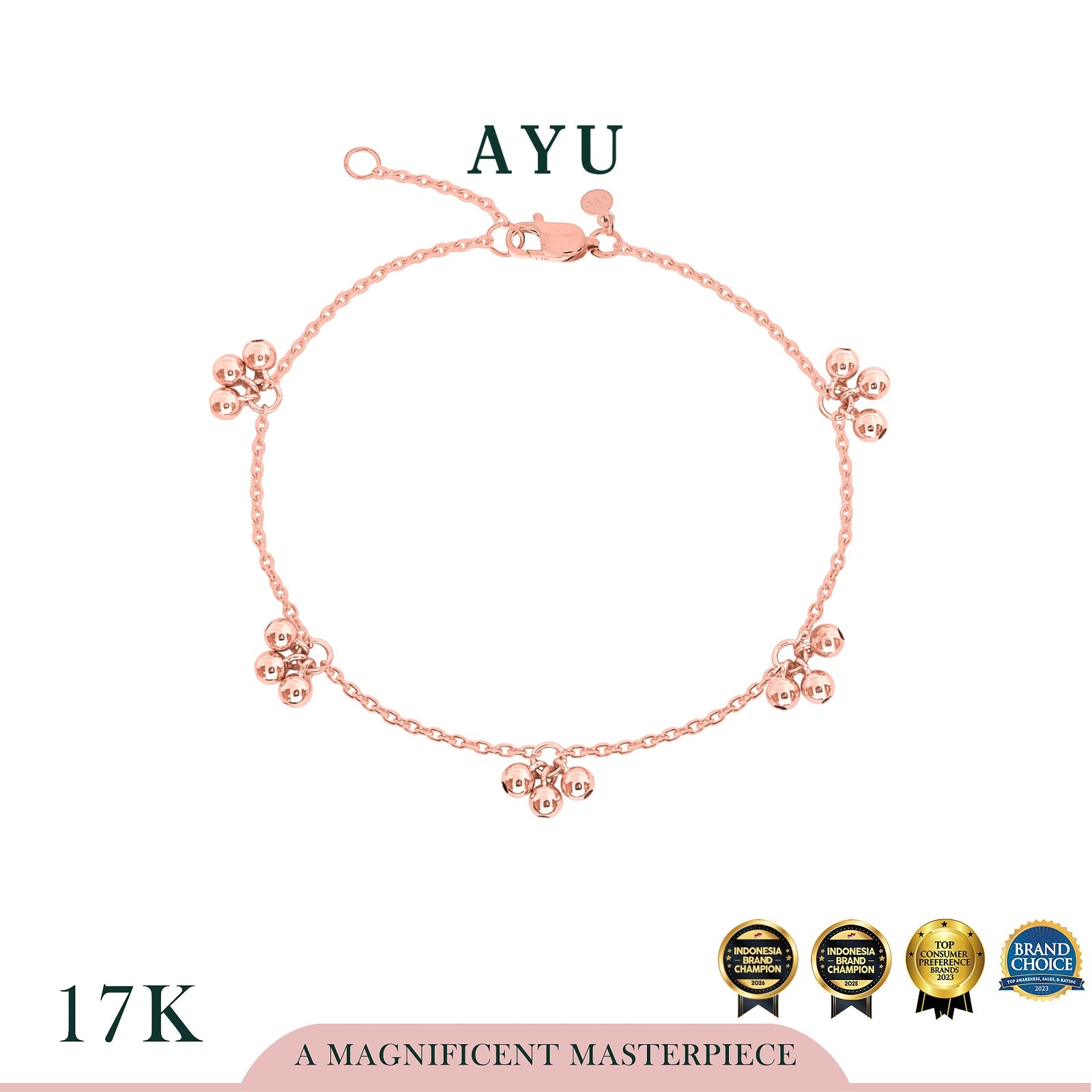 AYU Gelang Emas - 5 Gold Berry Sprinkles Chain Bracelet 17k Rose Gold