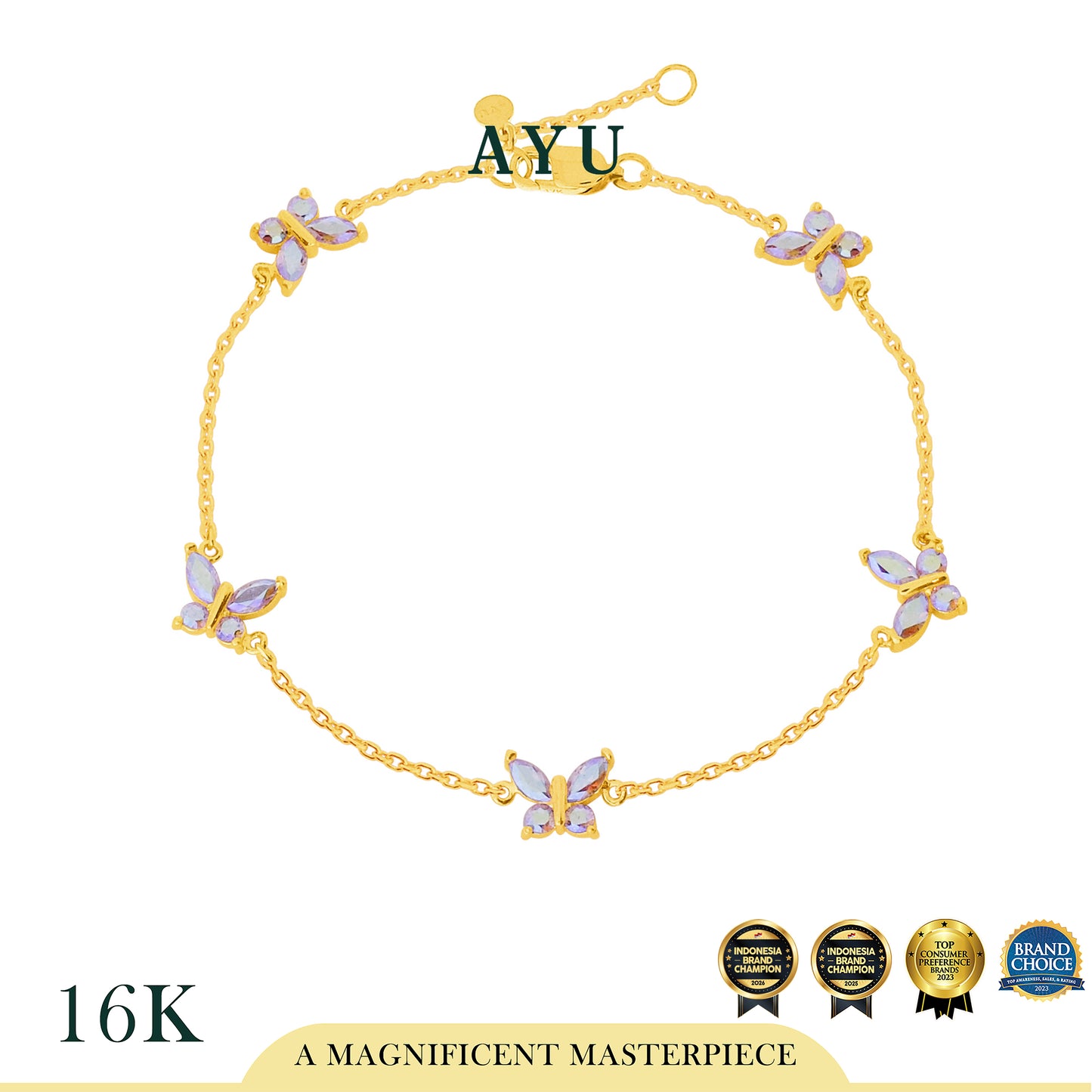 AYU Gelang Emas - 5 Magical Fluttering Butterfly Chain Bracelet 16K Yellow Gold