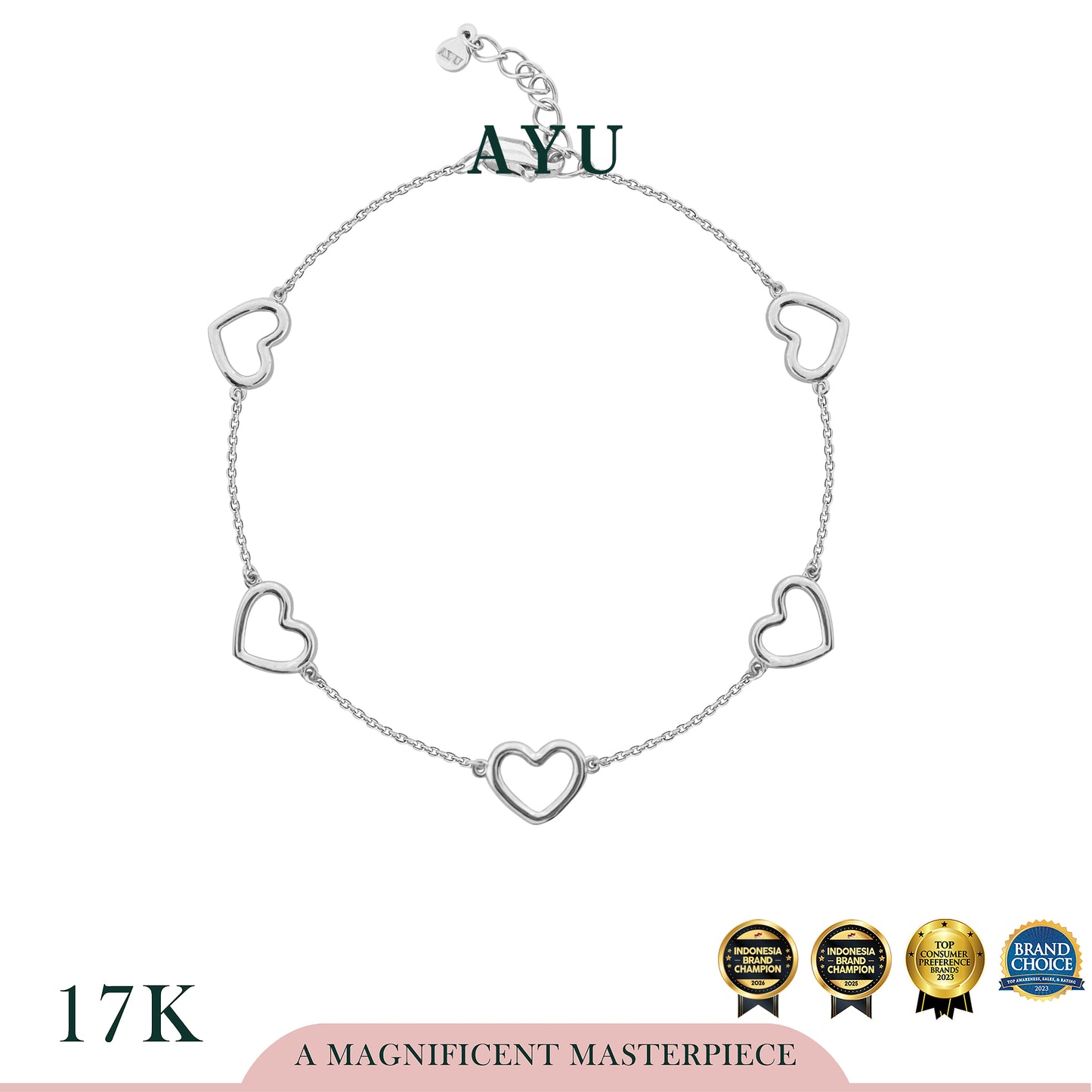 AYU Gelang Emas - 5 Baby Open Heart Bracelet 17k White Gold