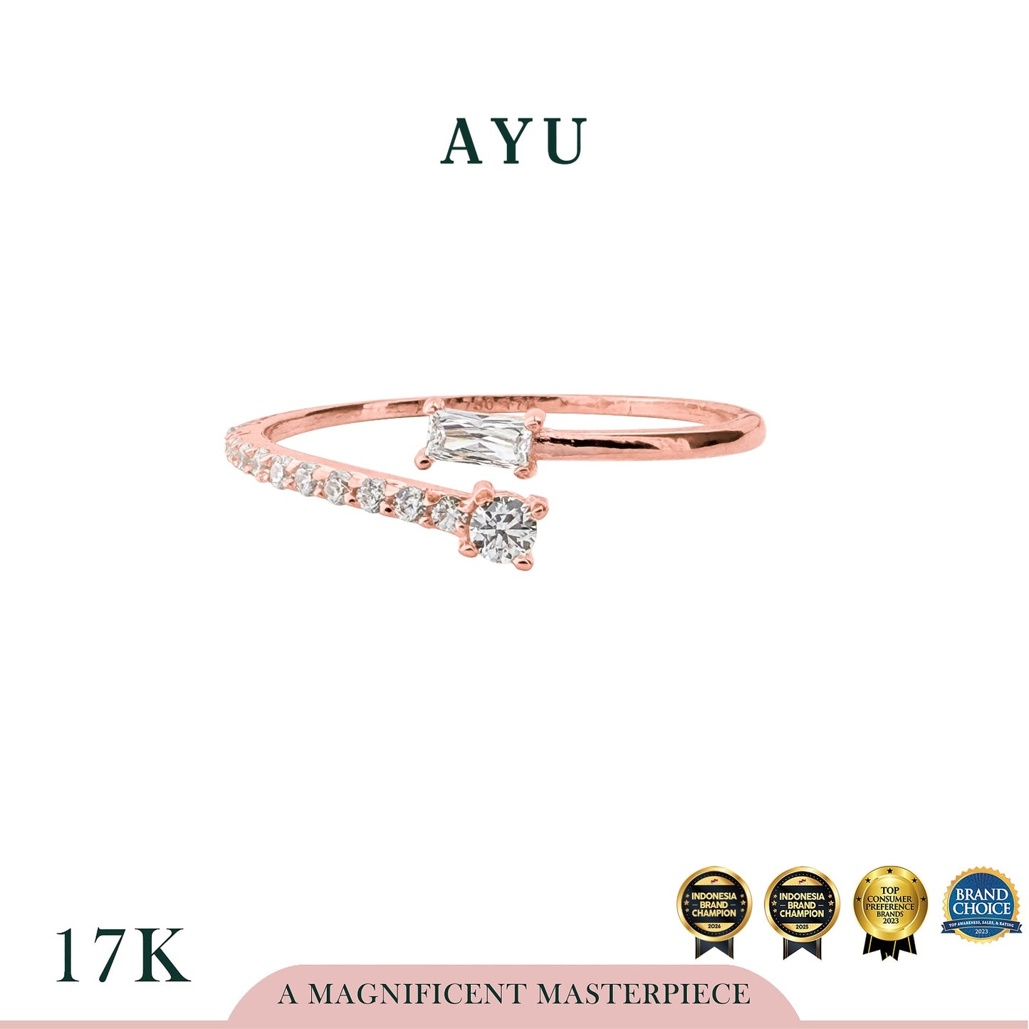 AYU Cincin Emas - Baguette Meet Round Ring 17k Rose Gold