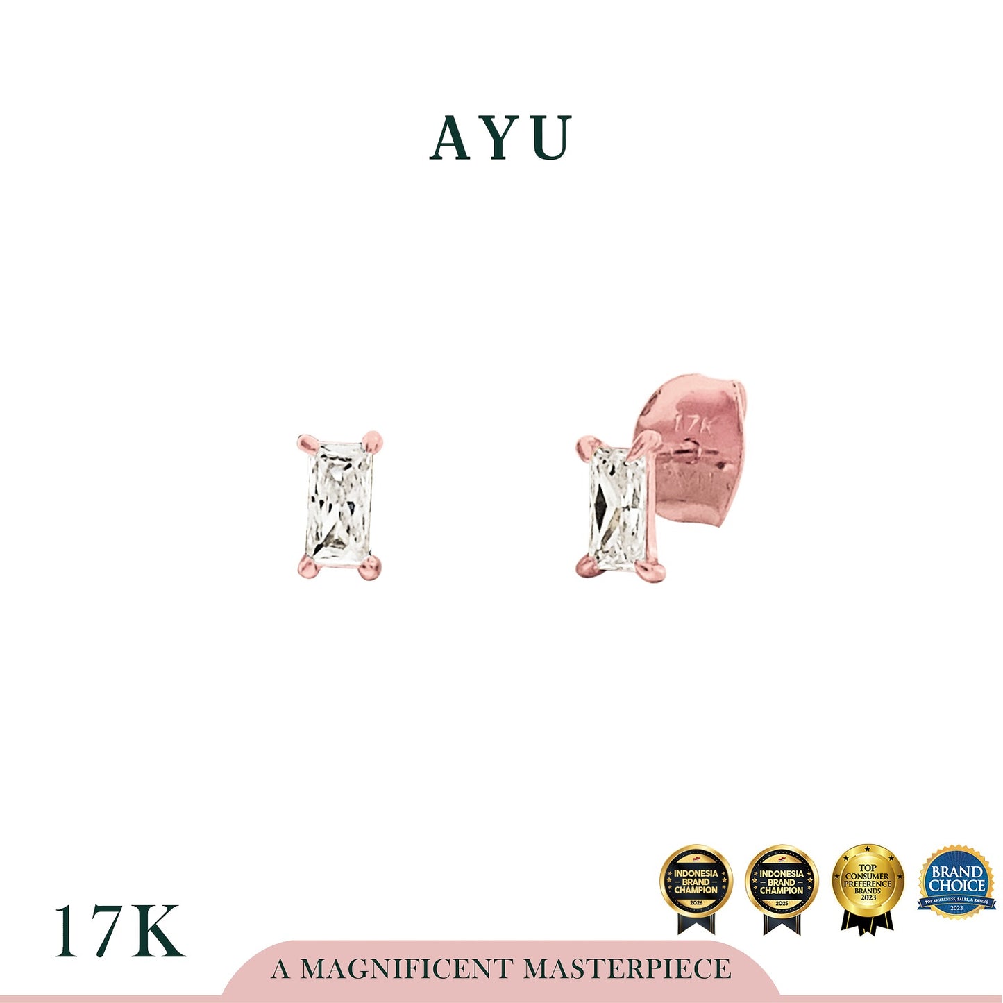AYU Anting Emas - Baguette Studs 17k Rose Gold