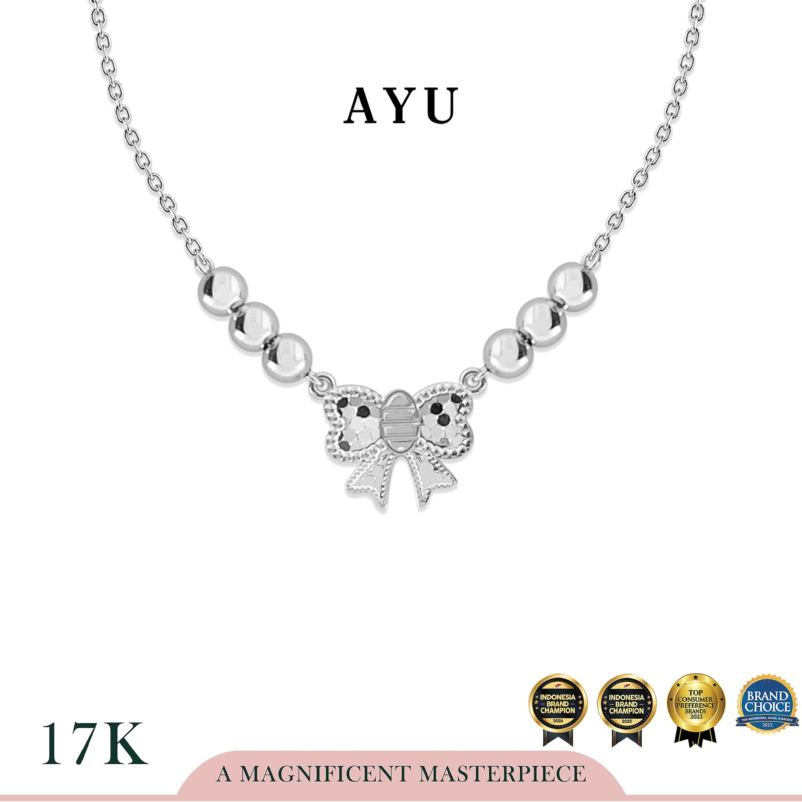 AYU Kalung Emas - Bling Ribbon Boba Necklace 17k White Gold