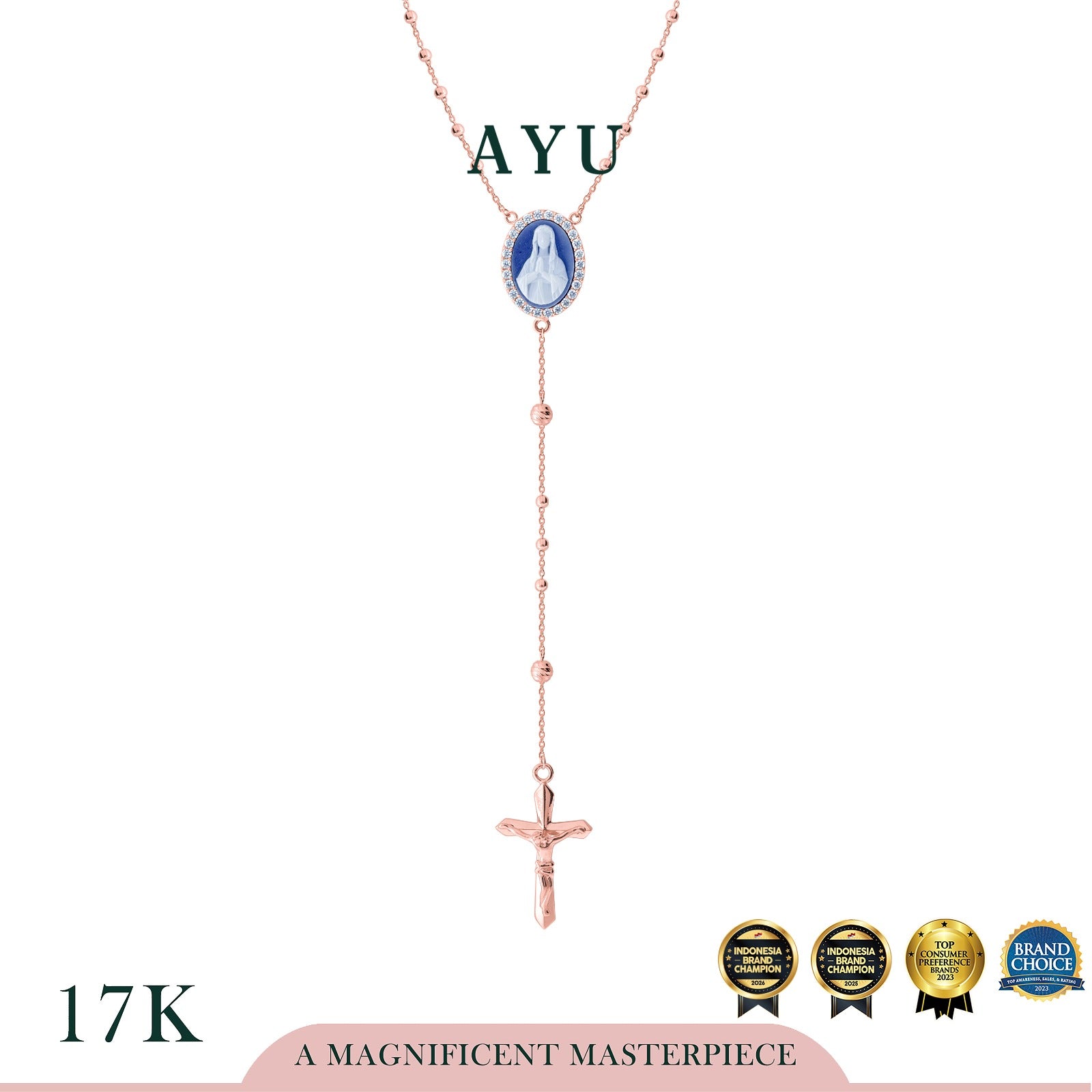 AYU Kalung Emas - Blue Rosario Mini Boba Necklace 17k Rose Gold