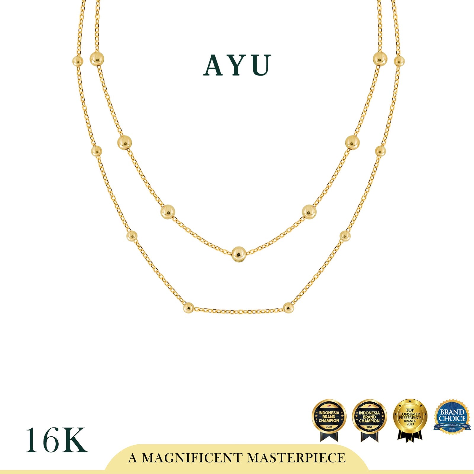 AYU Kalung Emas - Boba Party Double Layer Necklace 16k Yellow Gold