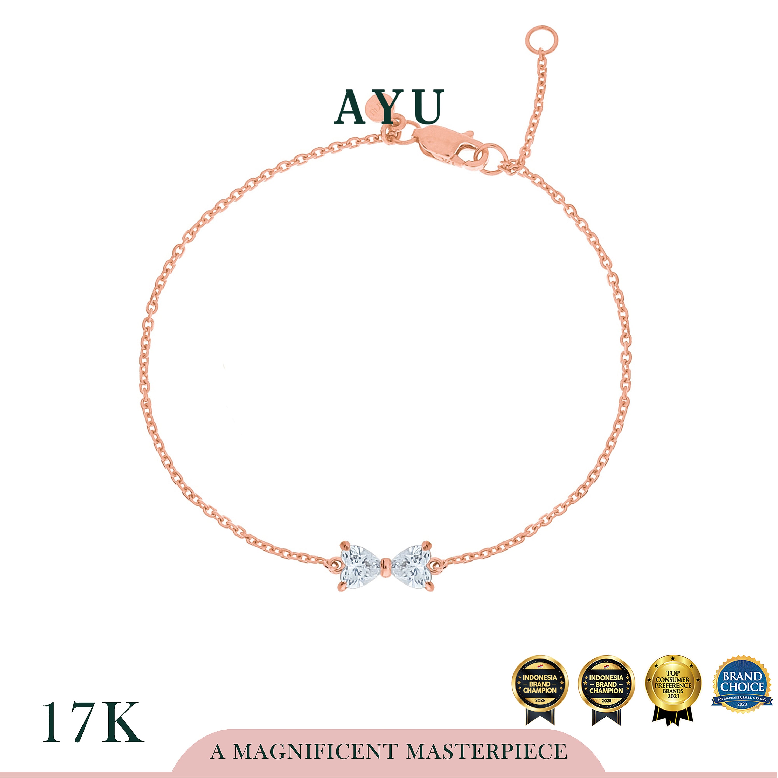 AYU Gelang Emas - Bow Hearts Chain Bracelet 17k Rose Gold