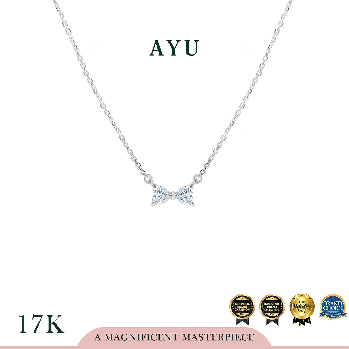 AYU Kalung Emas - Bow Hearts Chain Necklace 17k White Gold