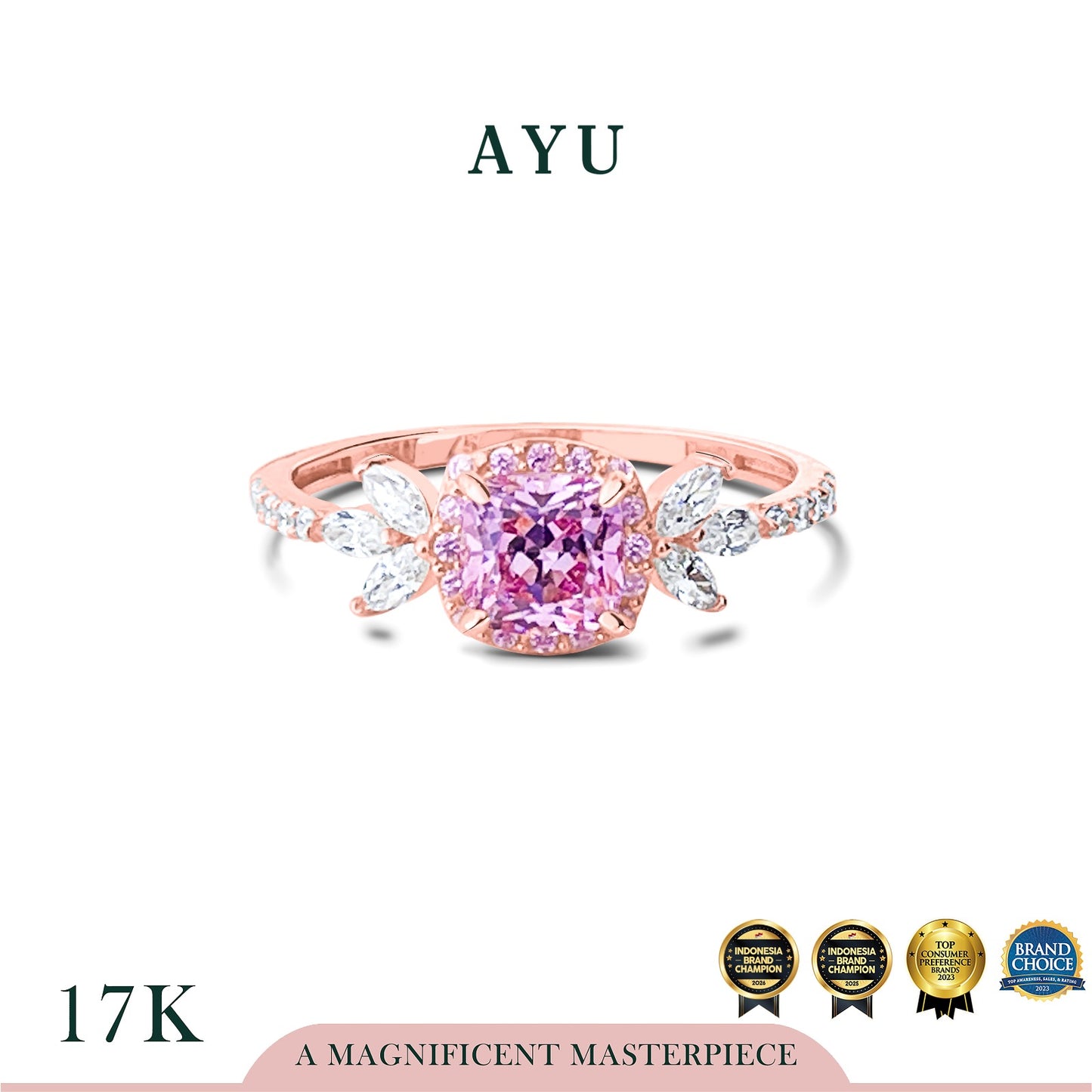AYU Cincin Emas - Cushion Halo Angel Vine Everbloom Solitaire 17k Rose Gold