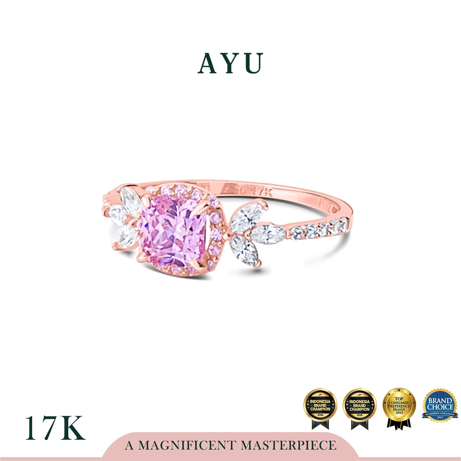 AYU Cincin Emas - Cushion Halo Angel Vine Everbloom Solitaire 17k Rose Gold