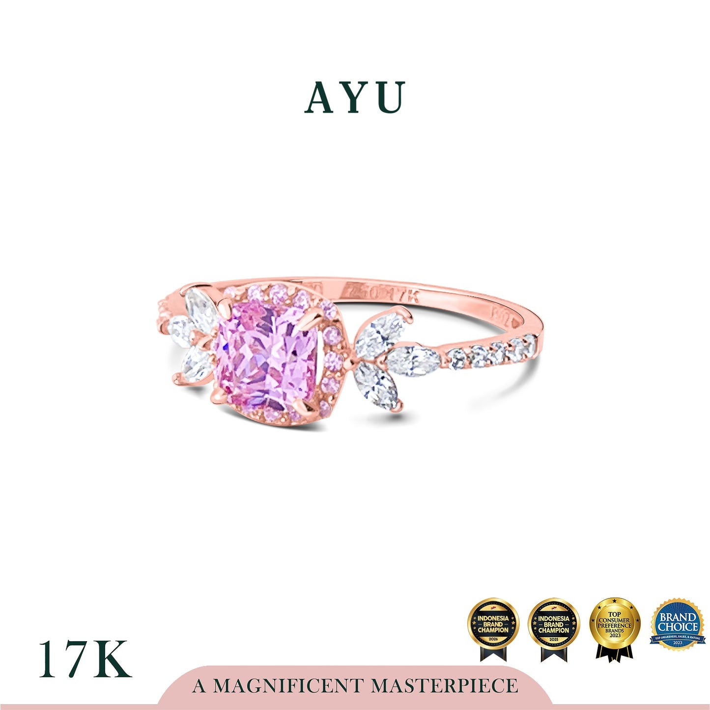 AYU Cincin Emas - Cushion Halo Angel Vine Everbloom Solitaire 17k Rose Gold