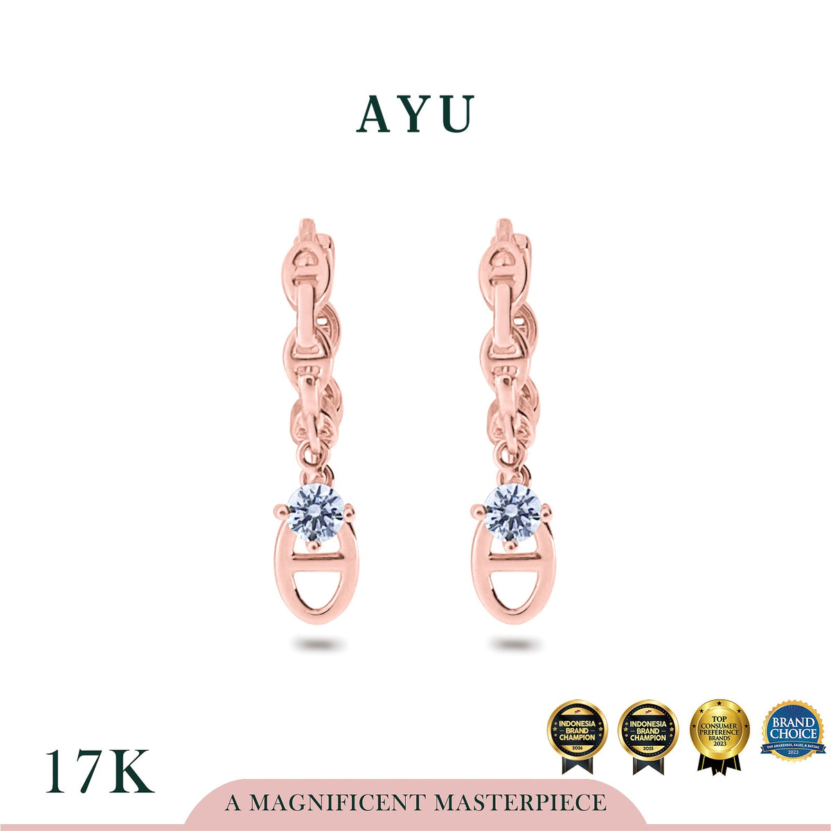 AYU Anting Emas - Dangle Oval Link Huggies 17k Rose Gold