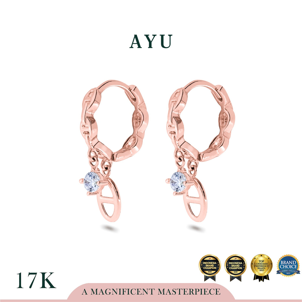 AYU Anting Emas - Dangle Oval Link Huggies 17k Rose Gold