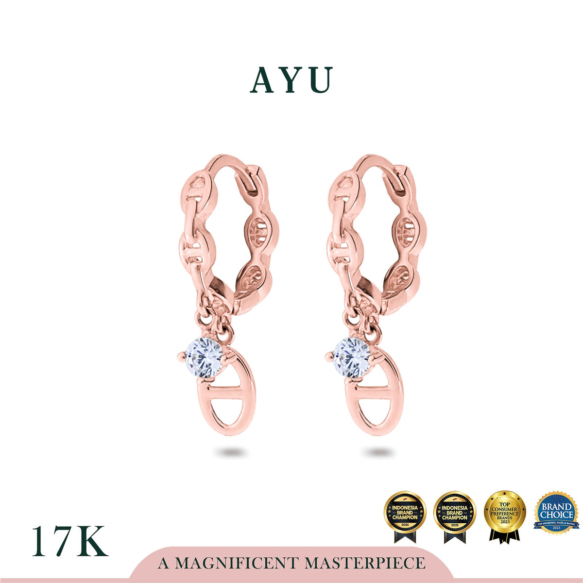 AYU Anting Emas - Dangle Oval Link Huggies 17k Rose Gold
