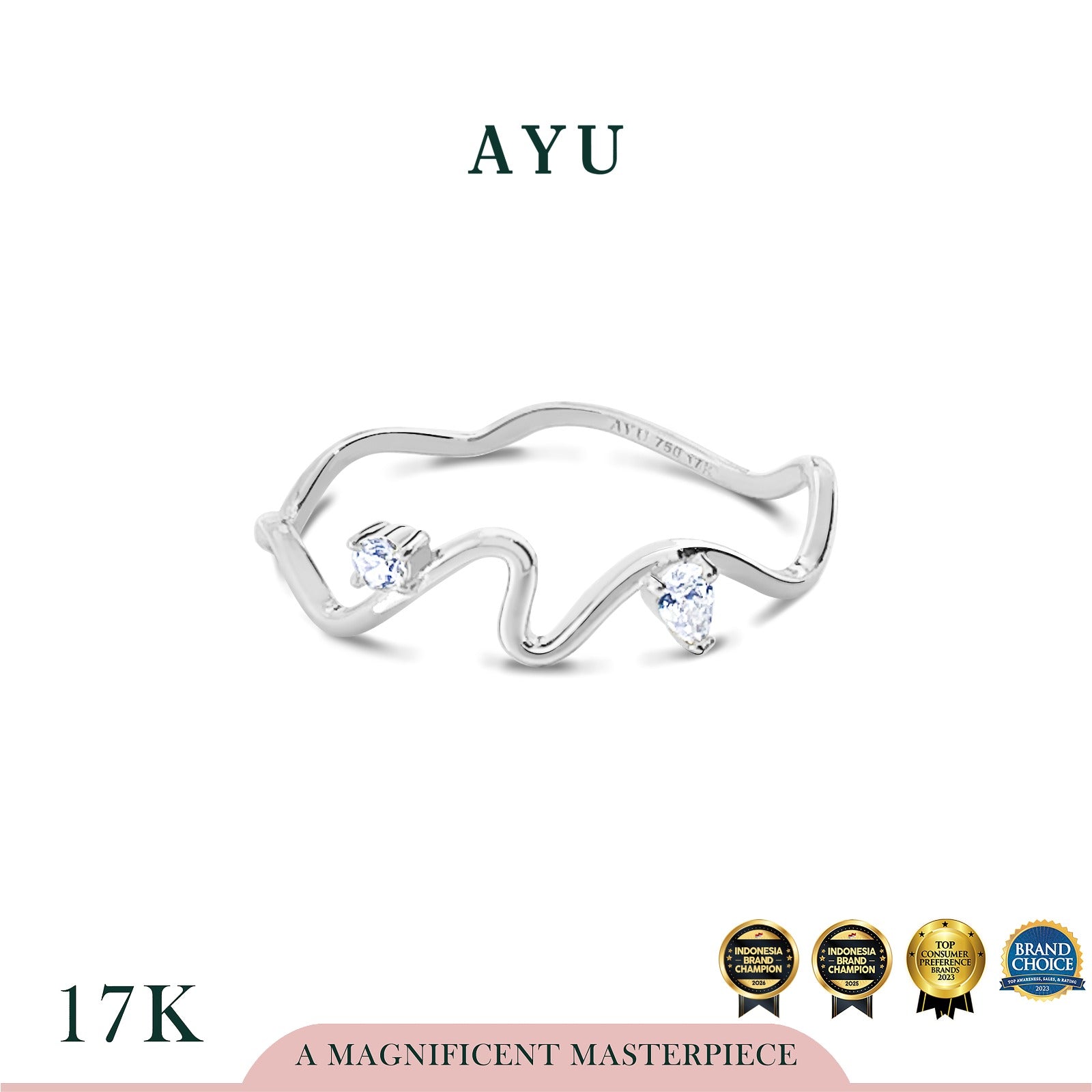 AYU Cincin Emas - Dewy Wave Ring 17k White Gold