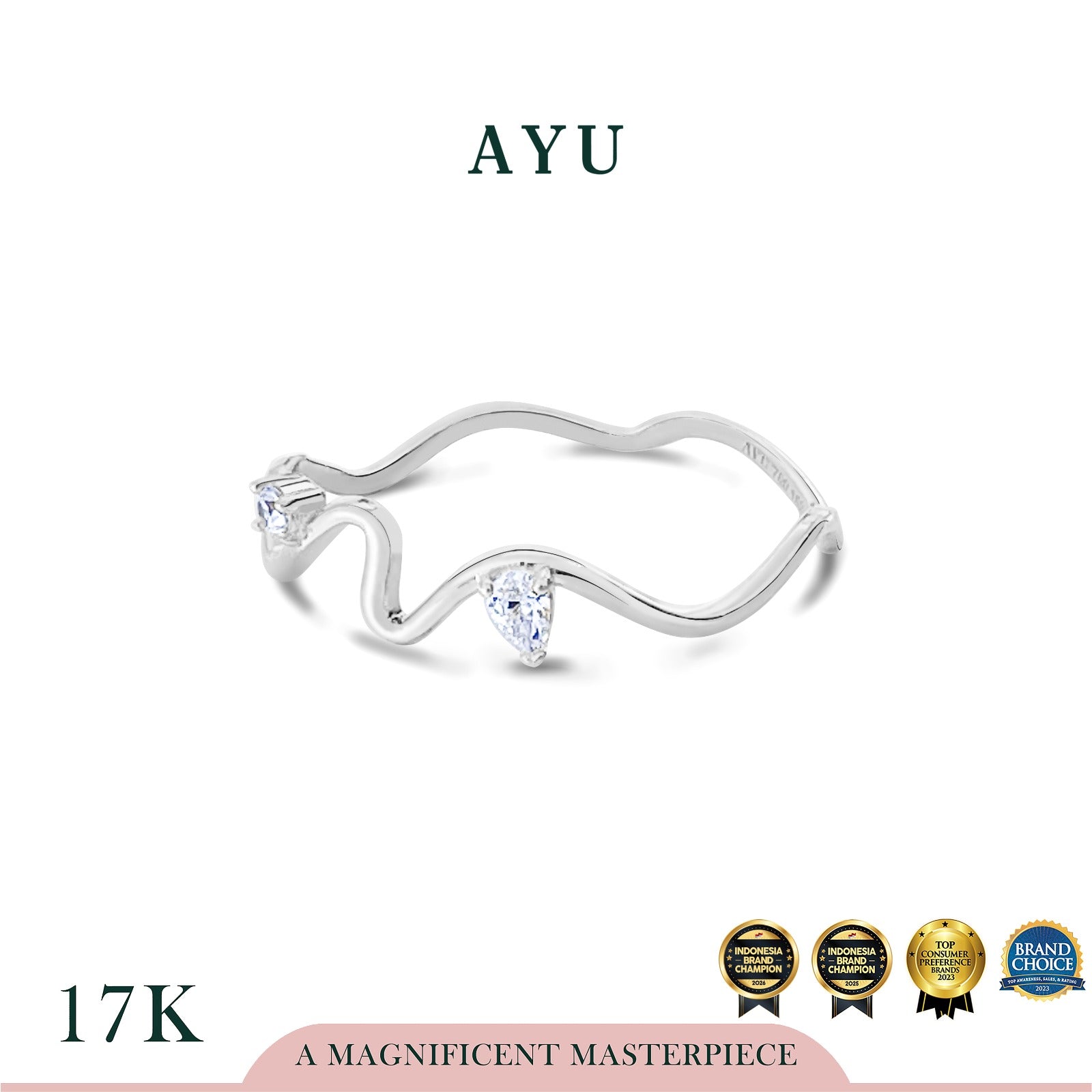 AYU Cincin Emas - Dewy Wave Ring 17k White Gold