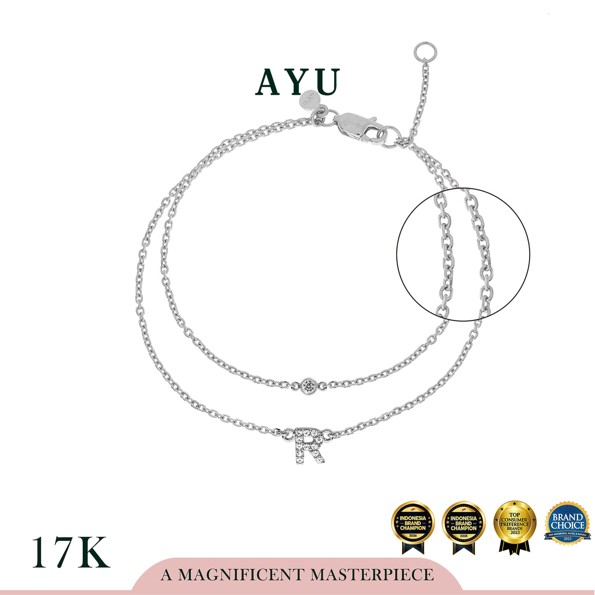 AYU Gelang Emas - Pave Initial Double Layer With Bezel Chain Bracelet 17k White Gold