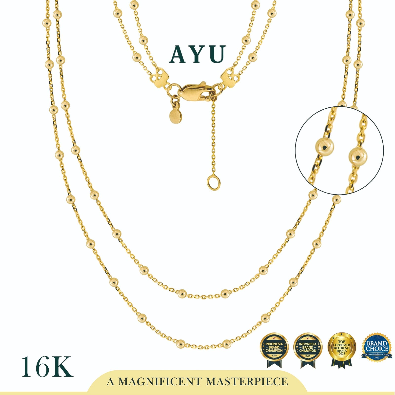 AYU Kalung Emas - Double Layer Spaced Mini Boba Necklace 16k Yellow Gold