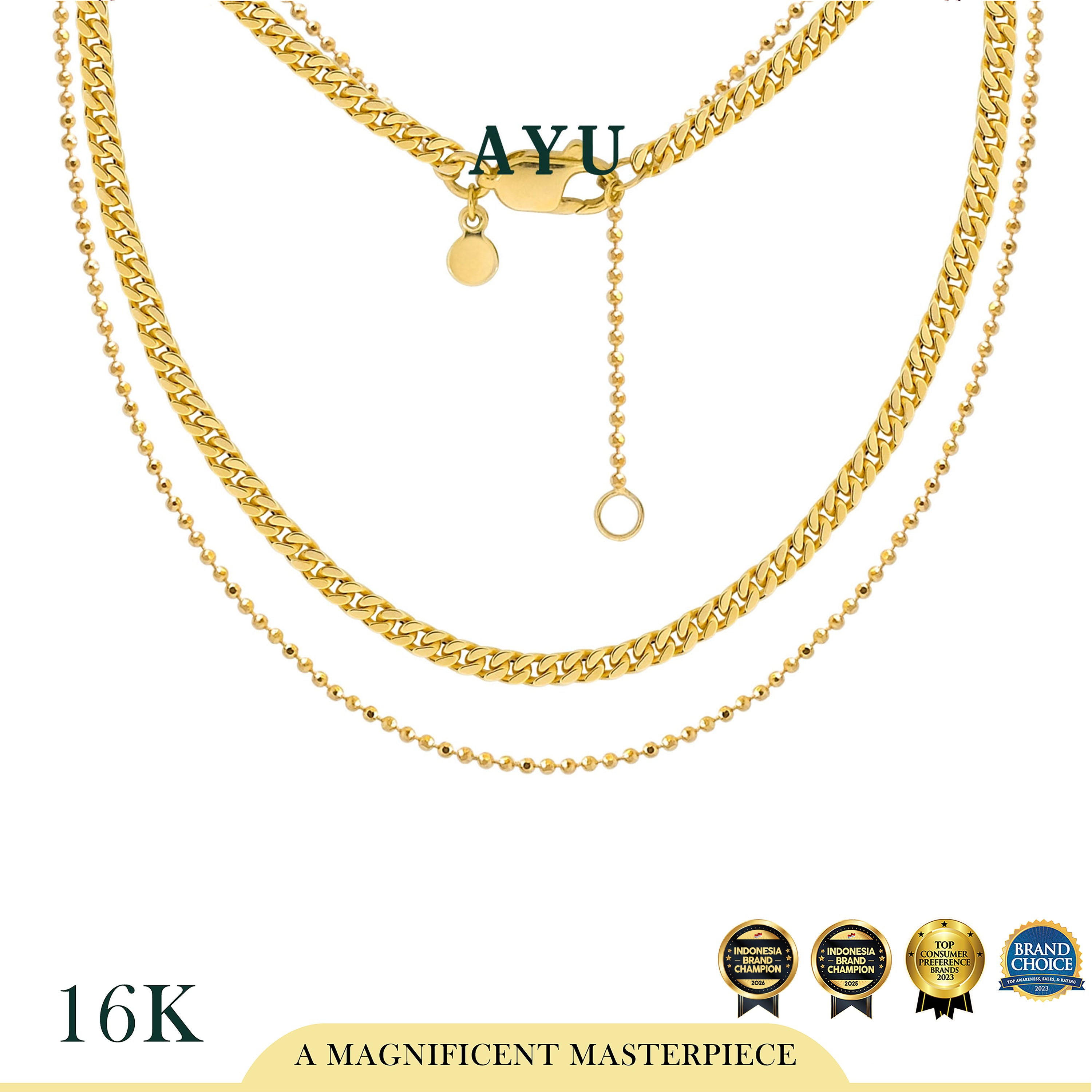 AYU Kalung Emas - Double Layer Cuban And Mini Pepper Chain Necklace 16k Yellow Gold