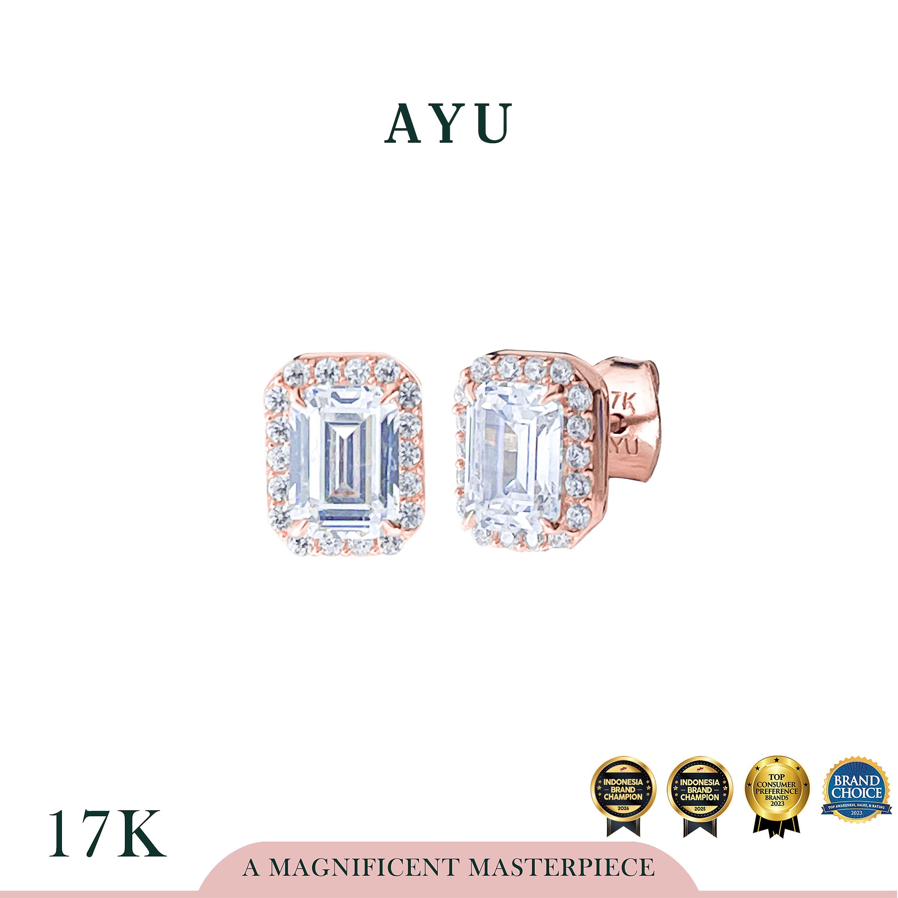 AYU Anting Emas - Emerald Cut Halo Solitaire Studs 17k Rose Gold