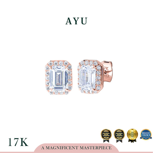 AYU Anting Emas - Emerald Cut Halo Solitaire Studs 17k Rose Gold