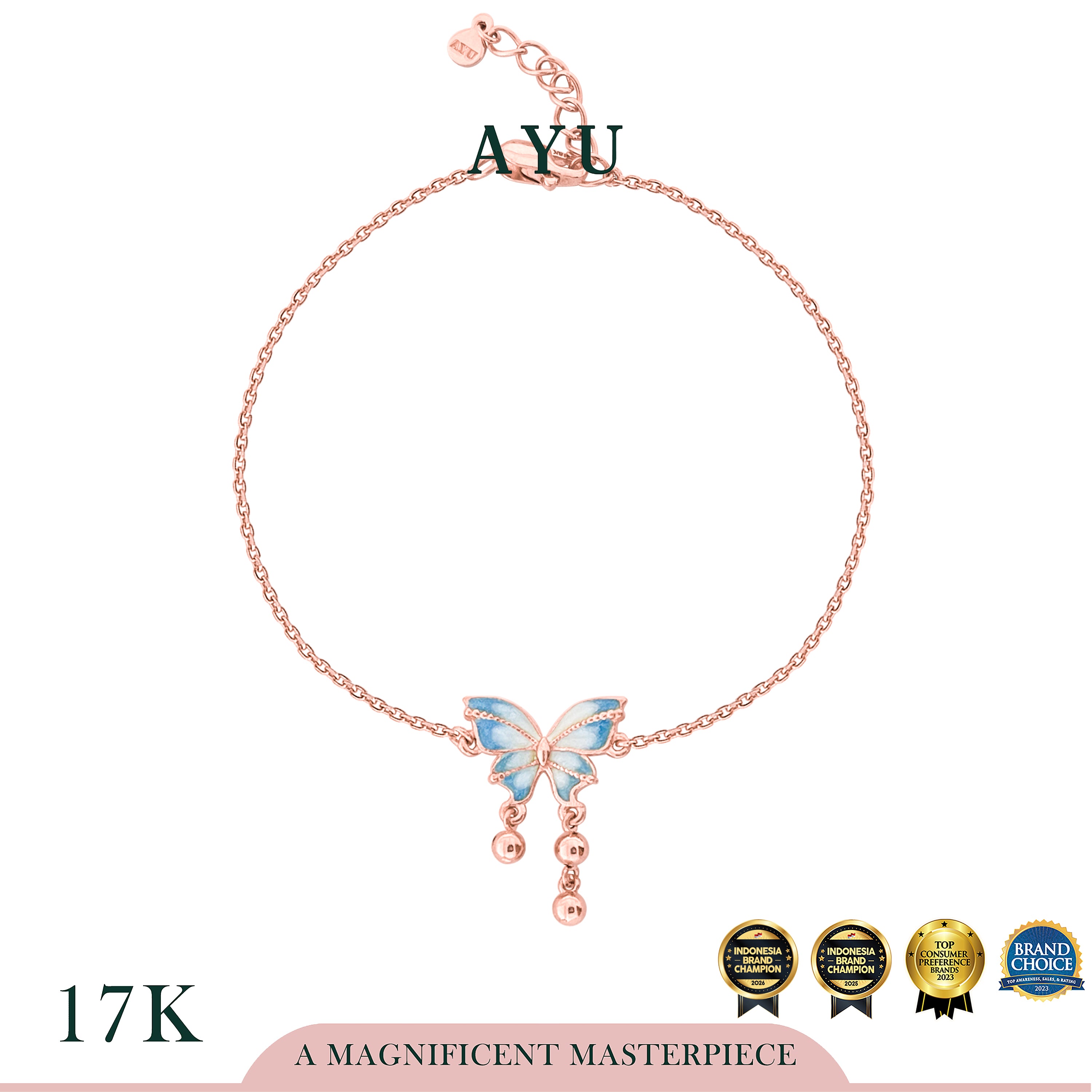 AYU Gelang Emas - Fluttering Fairy Dust Butterfly Chain Bracelet 17k Rose Gold