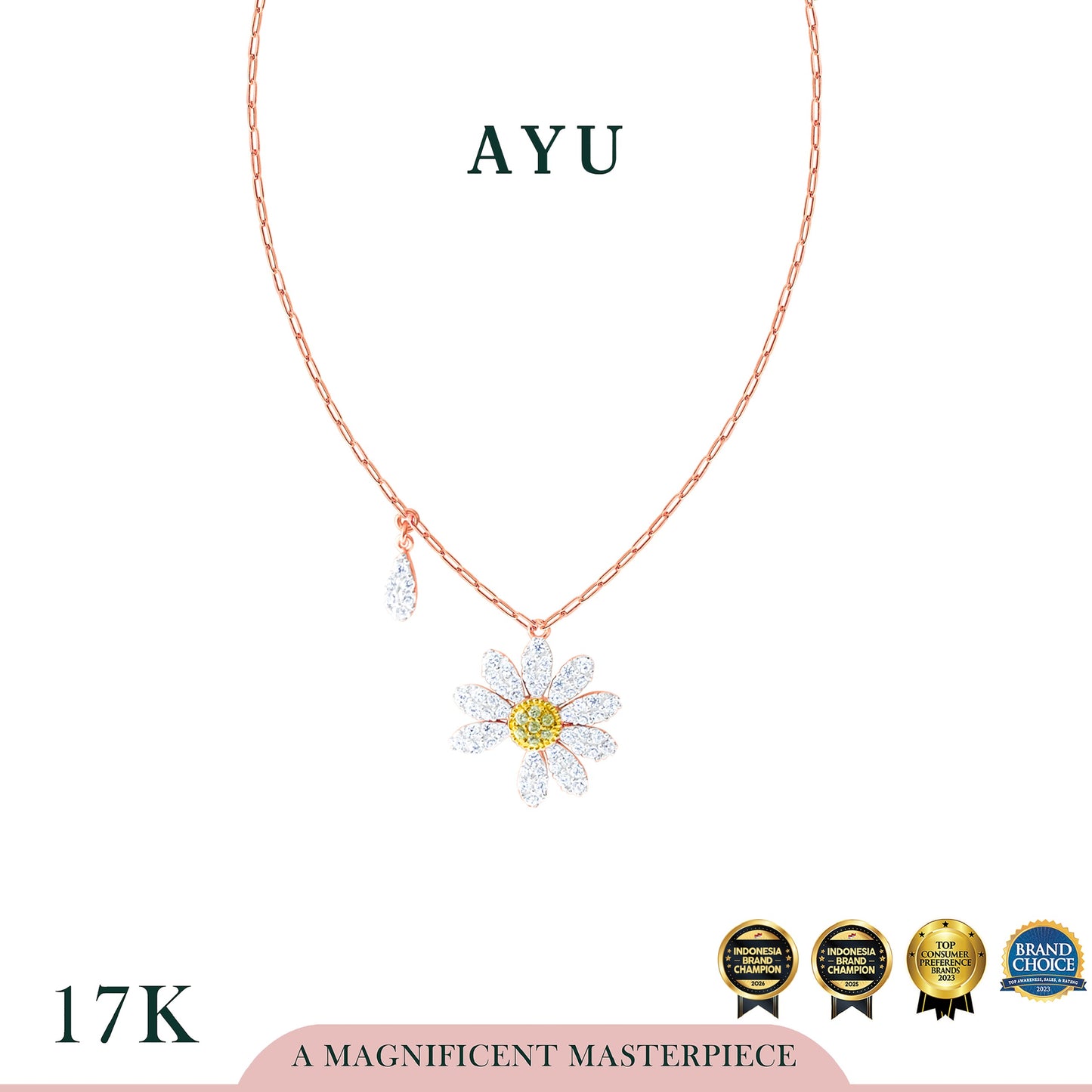 AYU Kalung Emas - G Daisy With Mini Paper Clip Chain Necklace 17k Rose Gold