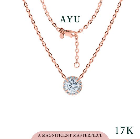 AYU Glam Round Solitaire With Halo Chain Necklace 17K Rose Gold