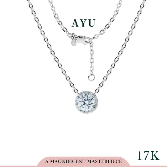 AYU Glam Round Solitaire With Halo Chain Necklace 17K White Gold