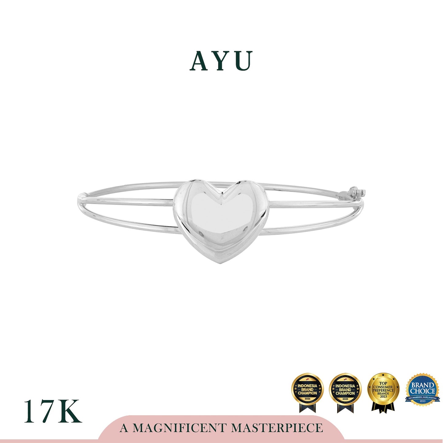AYU Gelang Emas - Gold Chubby Heart Wire Bangle 17k White Gold