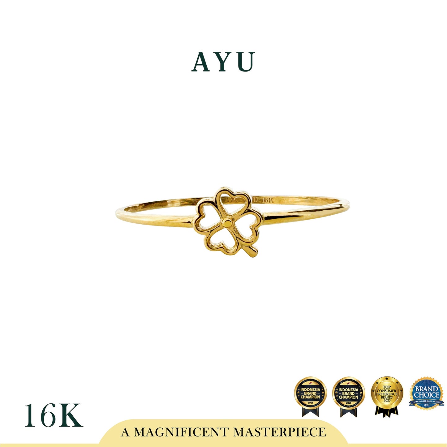 AYU Cincin Emas - Golden Line Lucky Clover Ring 16k Yellow Gold