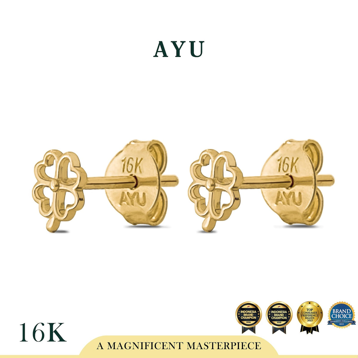 AYU Anting Emas - Golden Line Lucky Clover Studs 16k Yellow Gold