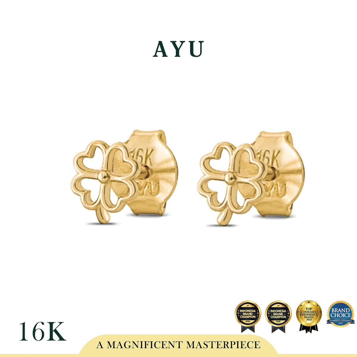 AYU Anting Emas - Golden Line Lucky Clover Studs 16k Yellow Gold