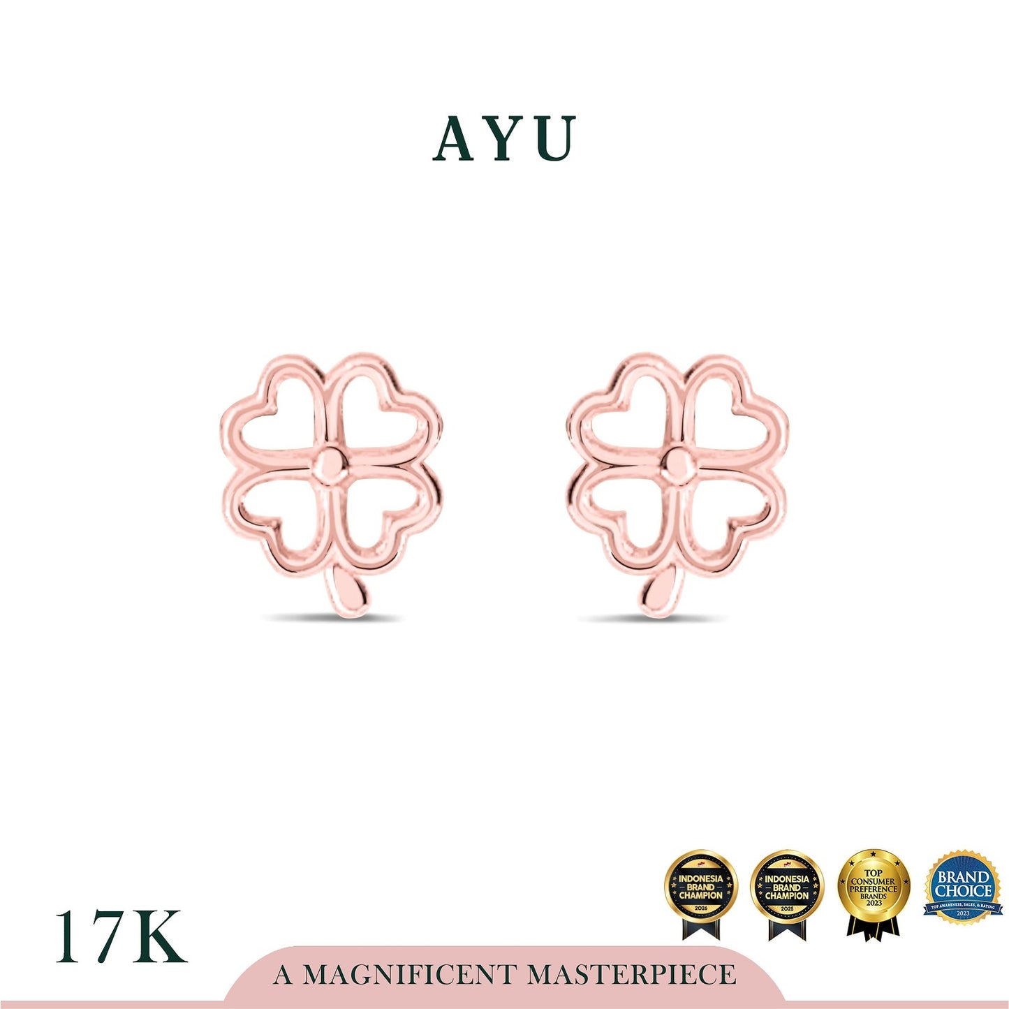 AYU Anting Emas - Golden Line Lucky Clover Studs 17k Rose Gold