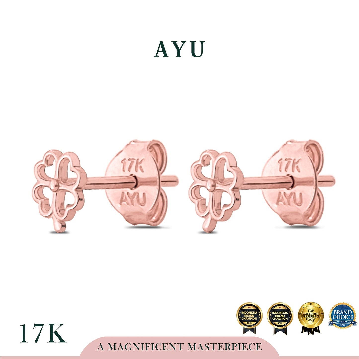 AYU Anting Emas - Golden Line Lucky Clover Studs 17k Rose Gold