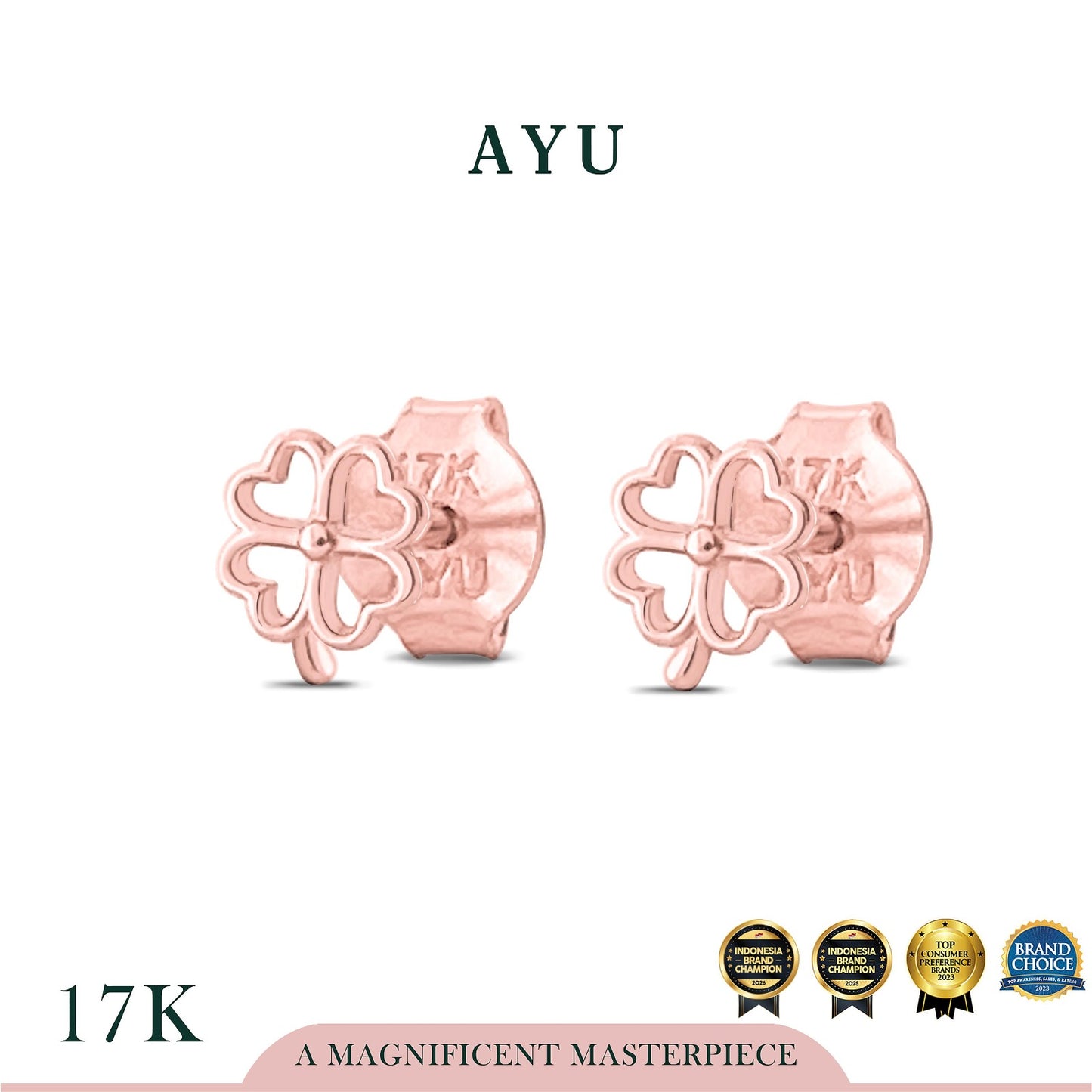 AYU Anting Emas - Golden Line Lucky Clover Studs 17k Rose Gold