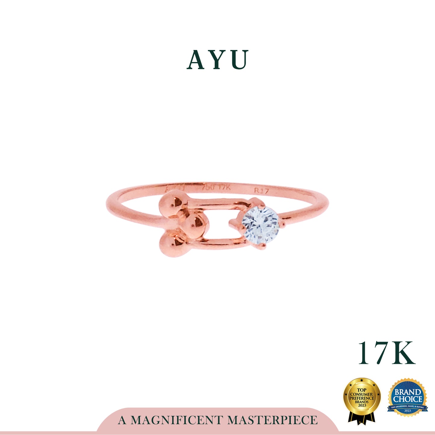 AYU Cincin Emas - Gold Link With Mini Solitaire Ring 17K Rose Gold