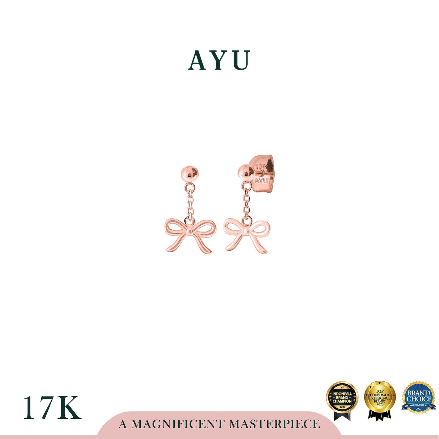 AYU Anting Emas - Gold Mini Ribbon With Boba Chain Stud 17k Rose Gold