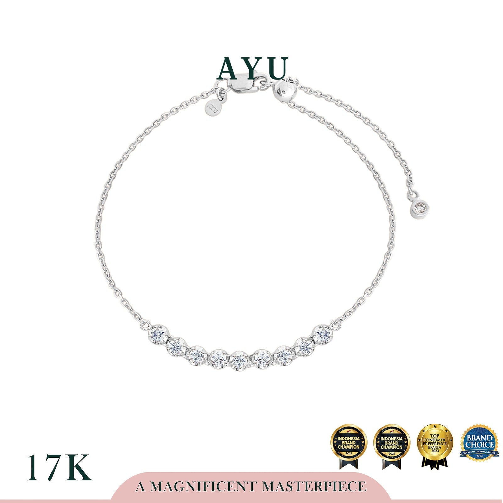 AYU Gelang Emas - Graduated Solitaire Adjustable Bracelet 17k White Gold