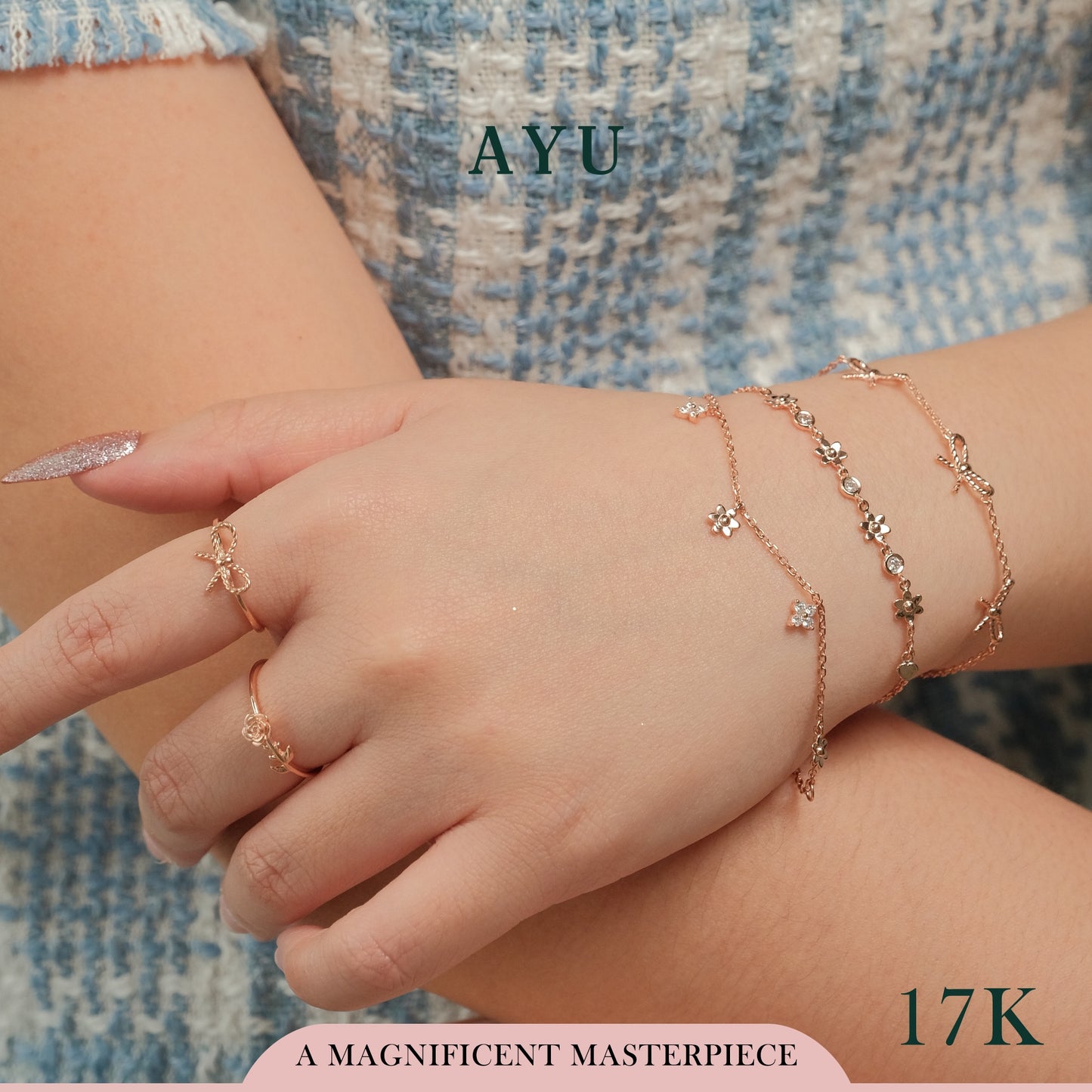 AYU Gelang Emas-Garden Party With Dangling Charms Bracelet 17k Rose Gold