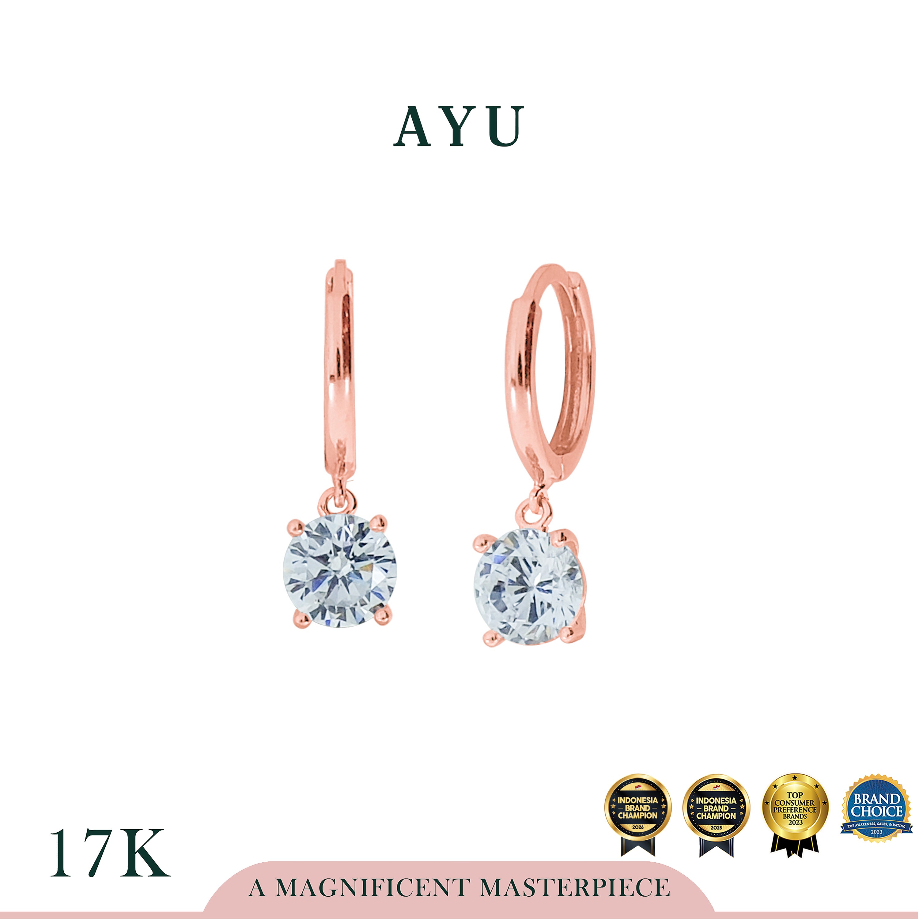 AYU Anting Emas Jepit - Gold Doughnut With Dangle 4 Prong Round Solitaire 17K Rose Gold