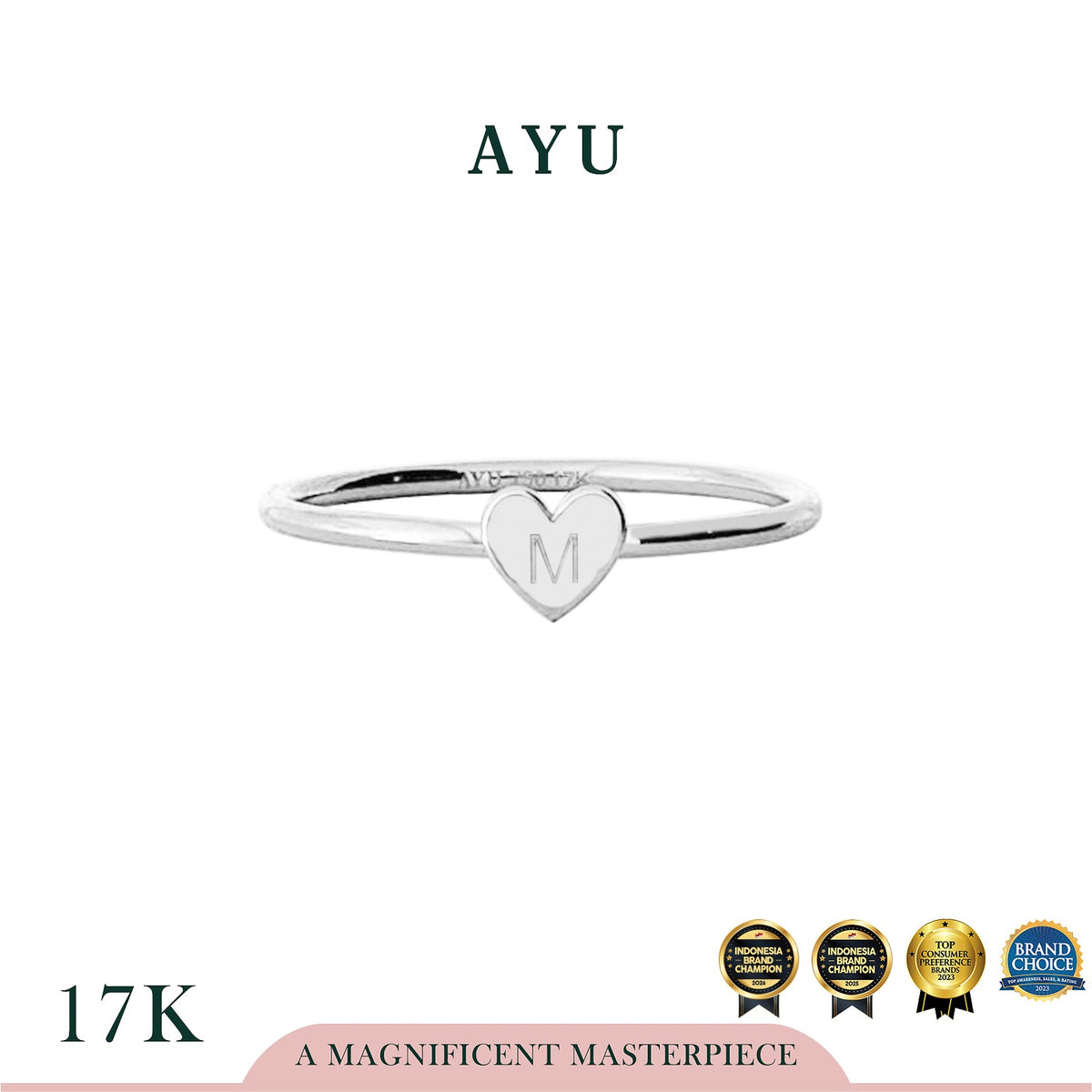 AYU Cincin Emas - Gold Heart Initial Ring 17k White Gold