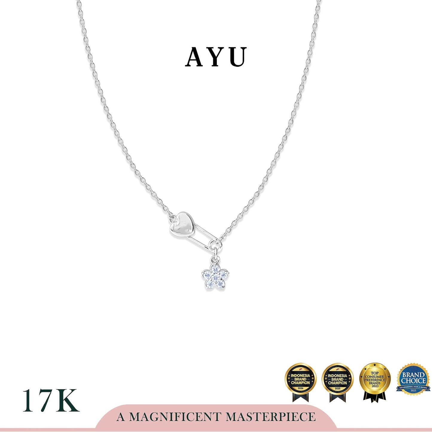 AYU Kalung Emas - Heart Pin With Flower Necklace 17k White Gold