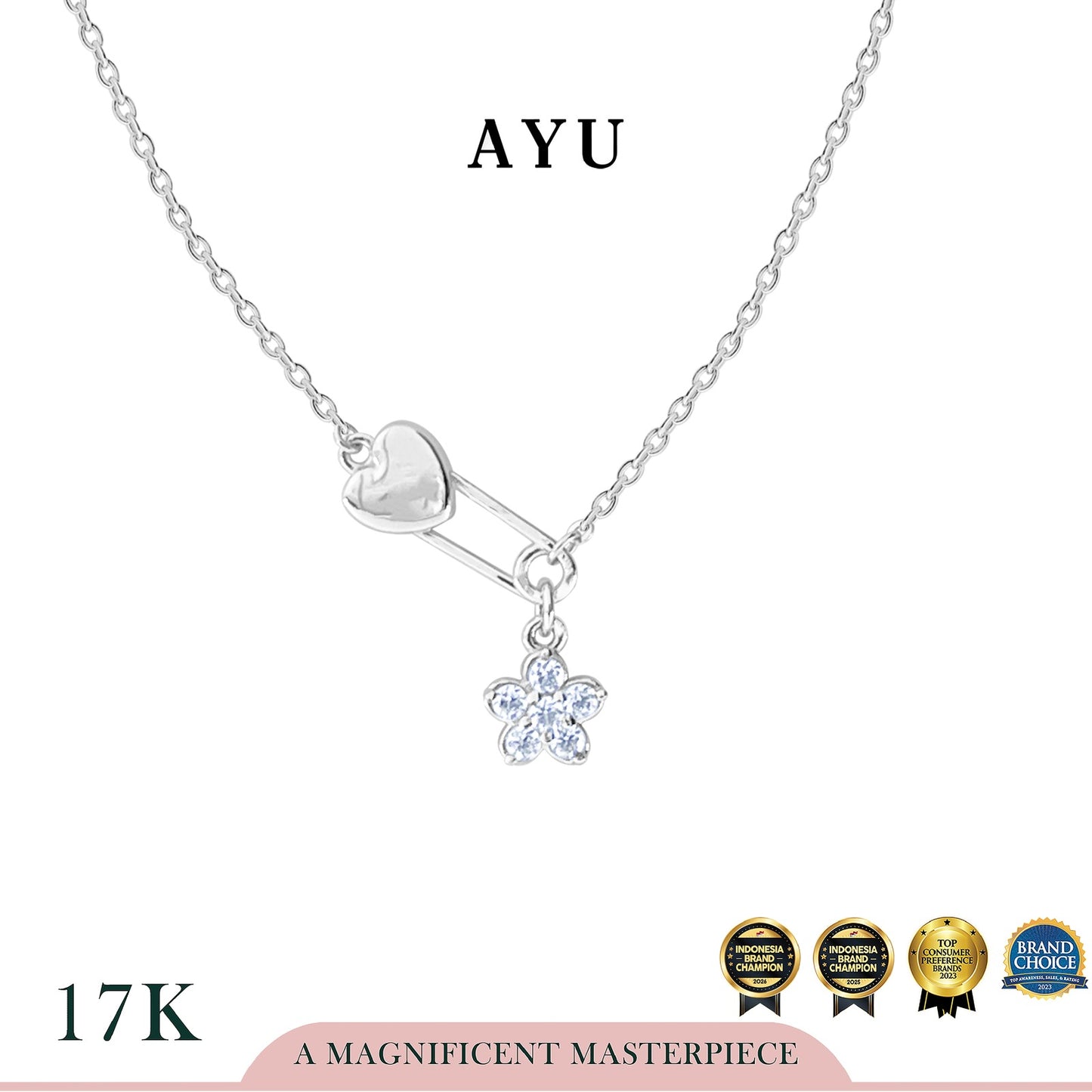 AYU Kalung Emas - Heart Pin With Flower Necklace 17k White Gold