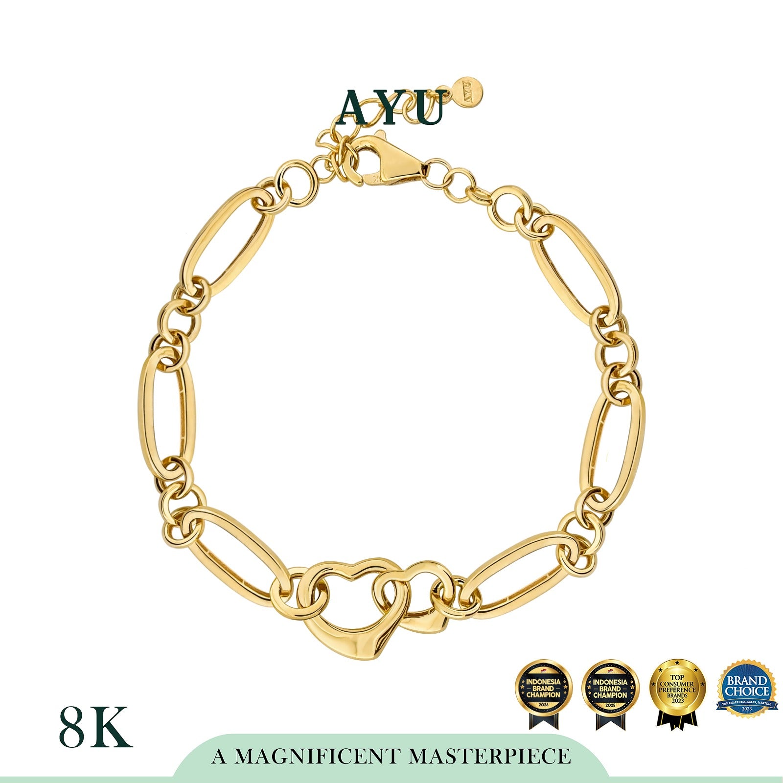 AYU Gelang Emas - Interlocking Heart Fun Bracelet 8k Yellow Gold
