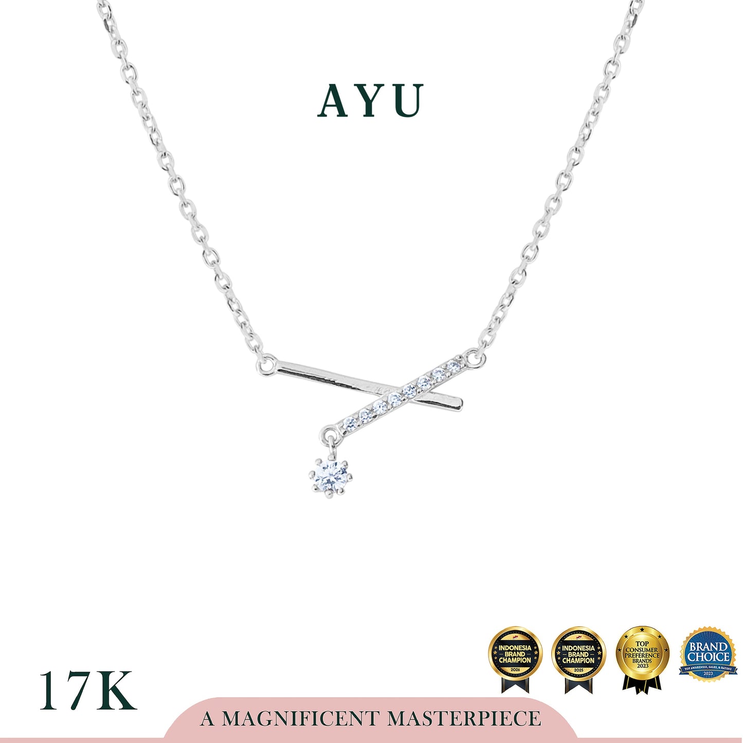 AYU Kalung Emas - Mini Solitaire On X Bar Chain Necklace 17k White Gold