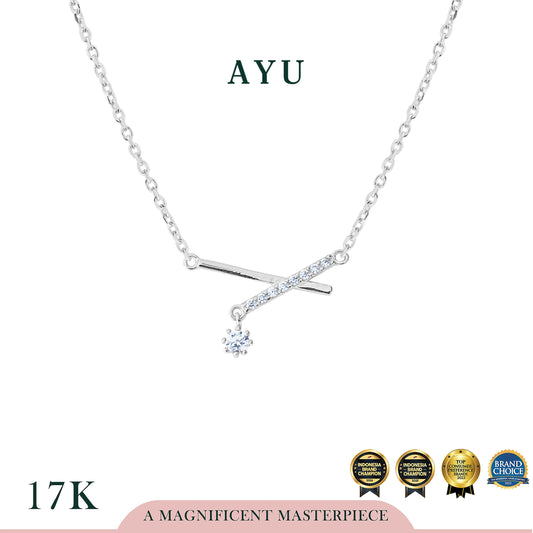 AYU Kalung Emas - Mini Solitaire On X Bar Chain Necklace 17k White Gold