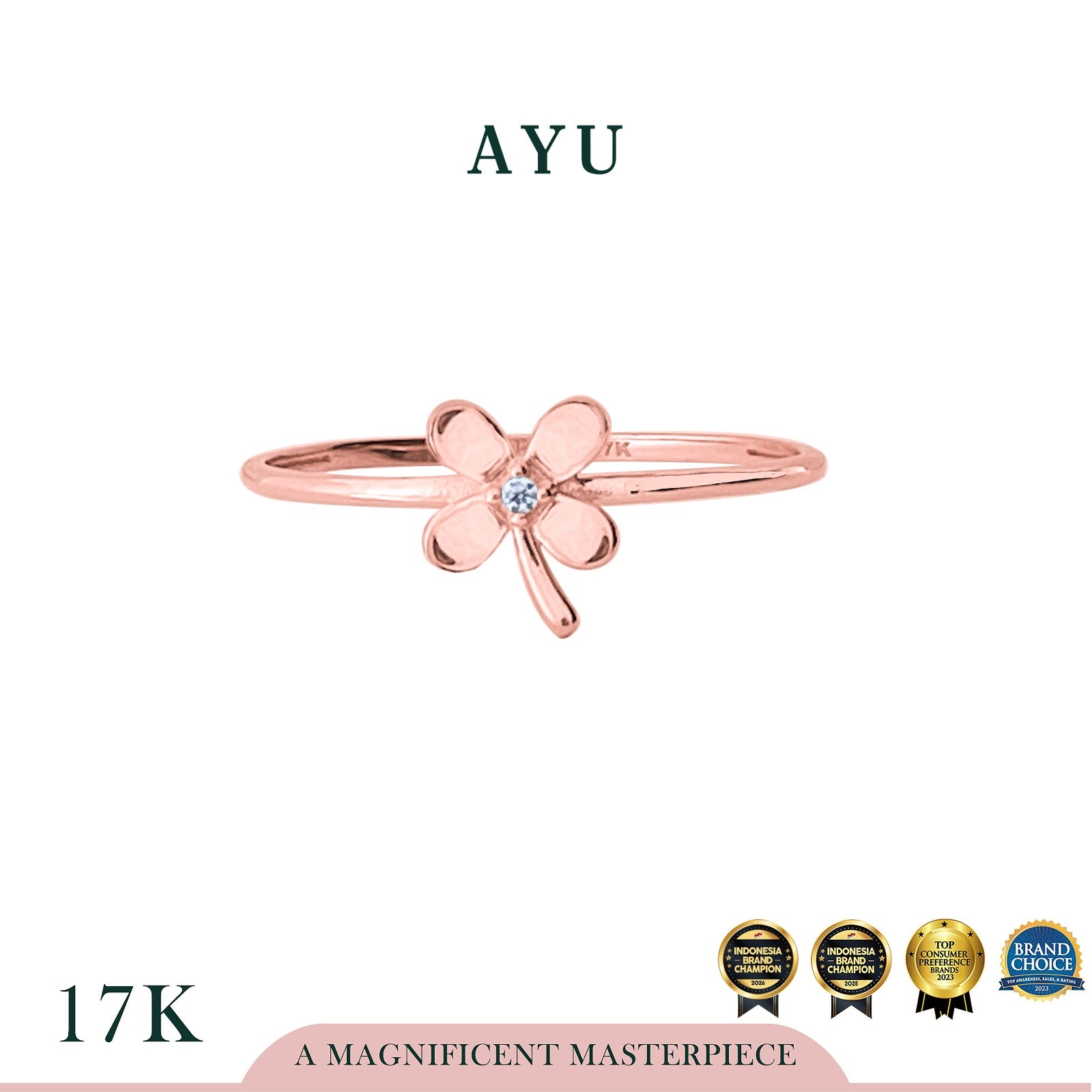 AYU Cincin Emas - Lucky Clover Ring 17k Rose Gold