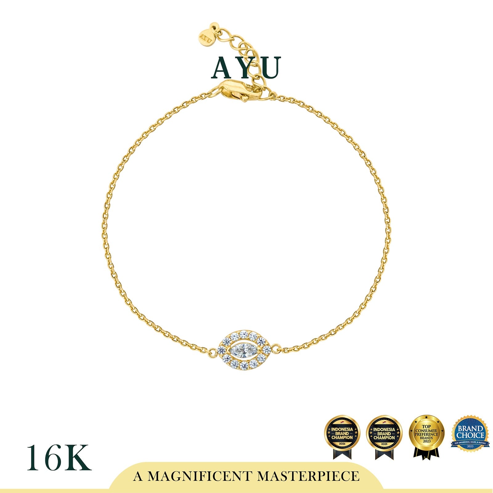 AYU Gelang Emas - Marquise Halo Chain Bracelet 16k Yellow Gold