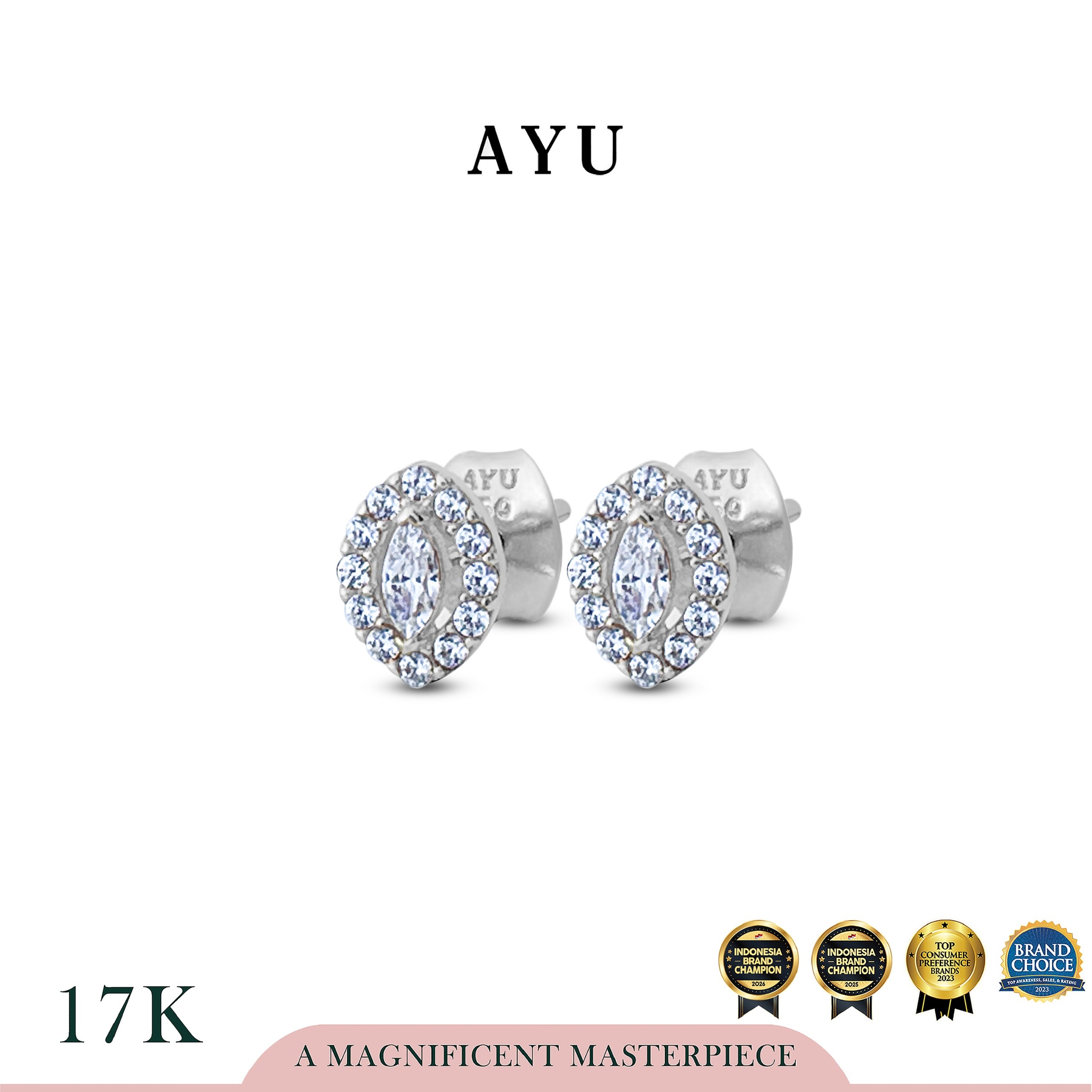 AYU Anting Emas - Marquise Halo Studs 17k White Gold