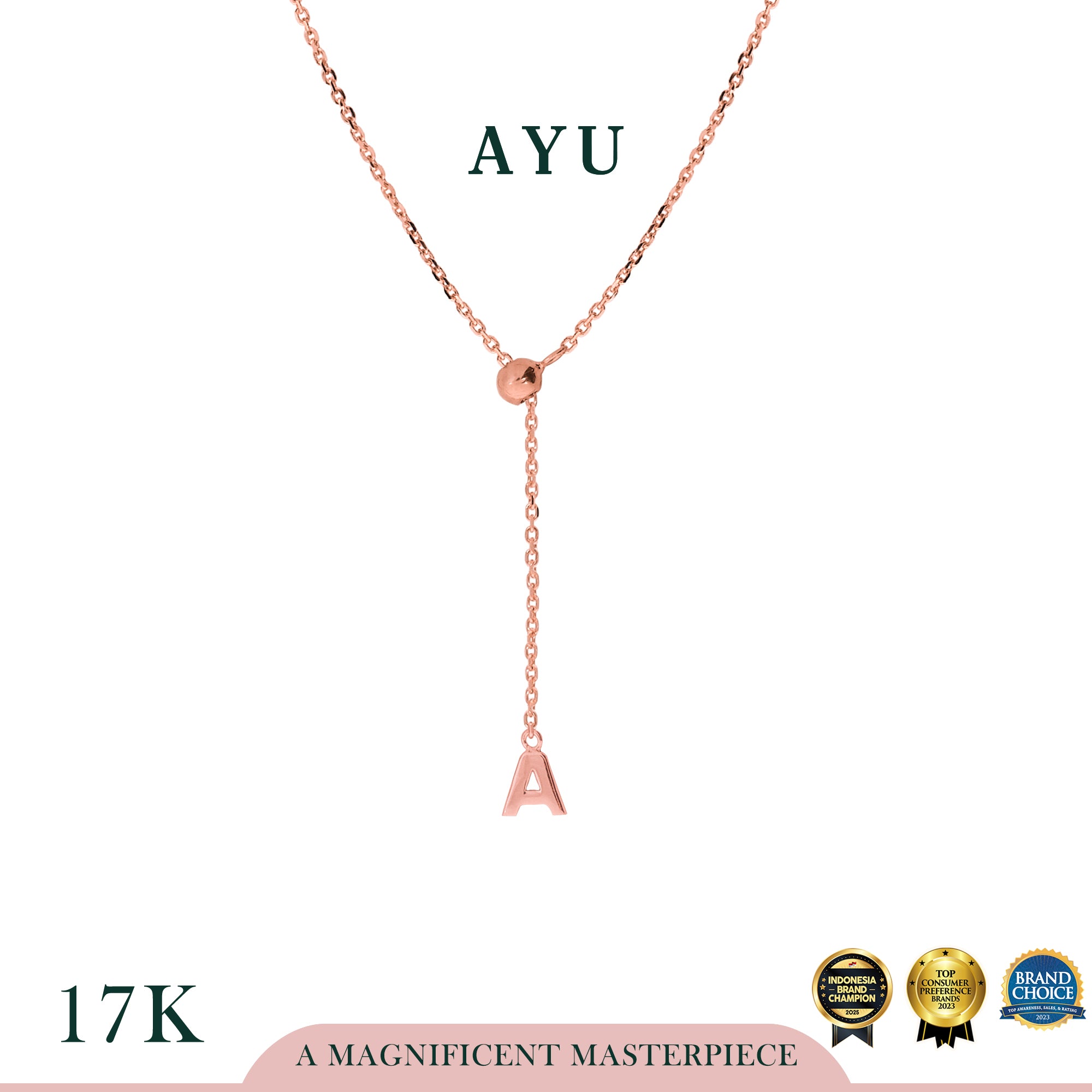AYU Kalung Emas - Mini Gold Block Initial Lariat Necklace 17k Rose Gold
